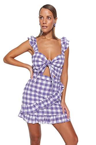 Trendyol Women's Plaid Frilly Beach Dress, Lila, 38 von TRENDYOL