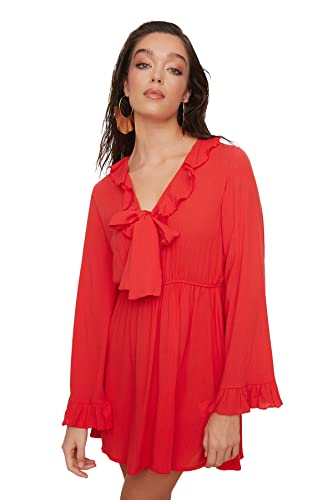 TRENDYOL Damen Frill Detailed Viscose Beach Dress, Rot, 36 EU von TRENDYOL