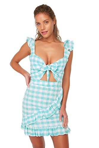 TRENDYOL Damen Plaid Frilly Beach Dress, Grün, 38 EU von TRENDYOL