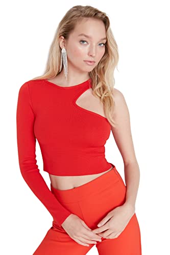 Trendyol Damen Slim Bodycon Asymmetrisch Kragen Gewebte Bluse Hemd, rot, M von TRENDYOL