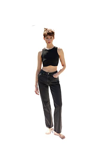 TRENDYOL Damen Trendyol Men's High Waisted Wide Leg 90s Jeans, Schwarz, 42 EU von TRENDYOL