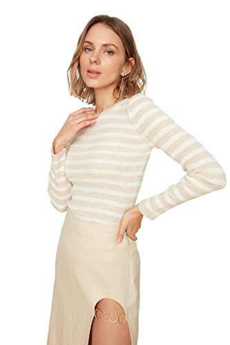 TRENDYOL Damen Trendyol Green Striped Knitwear Pullover Sweater, Greige, S EU von TRENDYOL