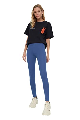 Trendyol Damen Hohe Taille Gestrickte Strumpfhose Leggings, Blau, L EU von TRENDYOL