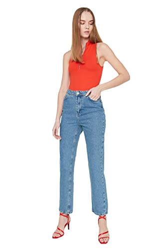 Trendyol Damen Blue High Waist Long Narrow Straight Jeans, Blau, 32 EU von TRENDYOL