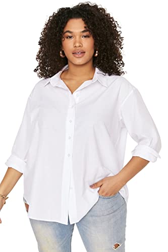 Trendyol Damen Women Collar Woven Shirt Regular Fit Basic Hemdkragen Gewebtes Plus Size Hemd, White, 50 von TRENDYOL