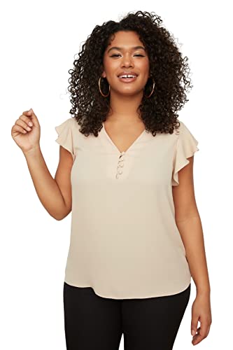 Trendyol Damen Woman Regular Standard V Neck Woven Plus Size Blouse Hemd, Stone, 44 von TRENDYOL
