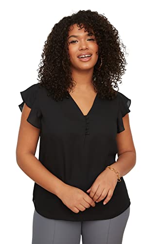 Trendyol Damen Woman Regular Standard V Neck Woven Plus Size Blouse Hemd, Black, 50 von TRENDYOL