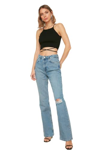 TRENDYOL Damen Herren Hoher Bund Flared Jeans, Blau, 42 von TRENDYOL