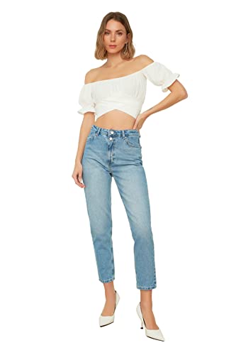 TRENDYOL Damen Trendyol Er Doppelter Knopf mit Hoher Taille Mutter Jeans, Blau, 32 EU von TRENDYOL