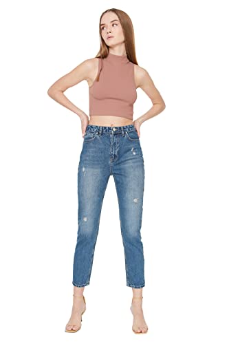 Trendyol, blauer Ausfransen detaillierte hohe Taille Mom Jeans, blau, 42 von TRENDYOL