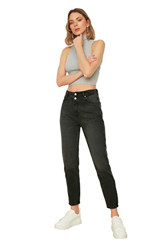 TRENDYOL Damen Trendyol Er Doppelter Knopf mit Hoher Taille Mutter Jeans, Schwarz, 36 EU von TRENDYOL