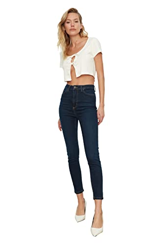 Trendyol Damen Donkerblauwe hoge taille, dunne Jeans, Dark Blue, 42 EU von TRENDYOL