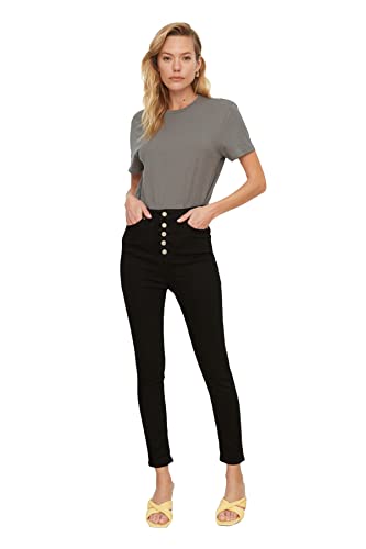 TRENDYOL Damen High Waist Skinny With Black Front Button Jeans, Schwarz, 36 EU von TRENDYOL