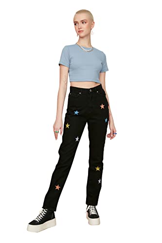 Trendyol Damen Gestickte Hohe Taille Bootcut Jeans, Schwarz, 34 EU von TRENDYOL