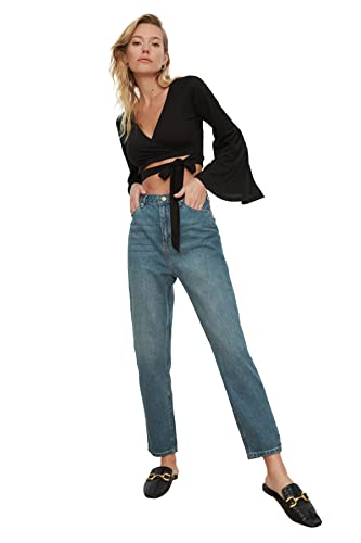 Trendyol Damen Hohe Taille Mom Jeans, Blau, 34 EU Trendyol Damen Hohe Taille Mom Jeans, Blau, 34 EU von TRENDYOL