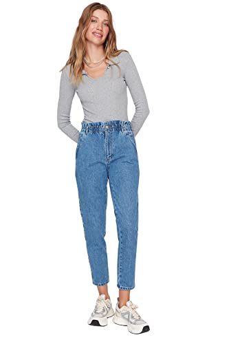 TRENDYOL Damen Trendyol Herren Hoher Bund Mom Jeans, Blau, 38 EU von TRENDYOL