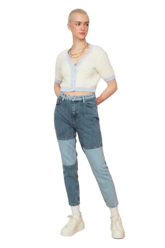 Trendyol Damen Colour Blocked High Waist Mom Jeans, Blau, 38 EU von TRENDYOL