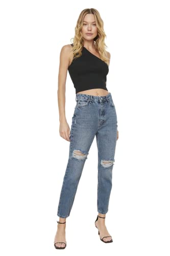 TRENDYOL Damen Trendyol Herren Hoher Bund Mom Jeans, Dunkelblau, 34 EU TRENDYOL Damen Trendyol Herren Hoher Bund Mom Jeans, Dunkelblau, 34 EU von TRENDYOL