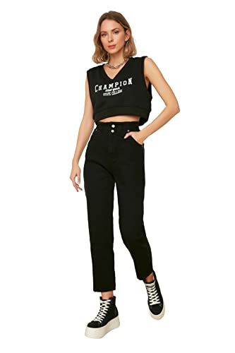 TRENDYOL Damen Zwarte taille, gedetailleerde hoge moederjeans Jeans, Schwarz, 44 EU von TRENDYOL