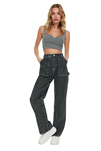 TRENDYOL Damen Mobile Detaillierte Hohe Taille 90er Jahre Breite Beinjeans Jeans, Anthracite, 40 EU von TRENDYOL