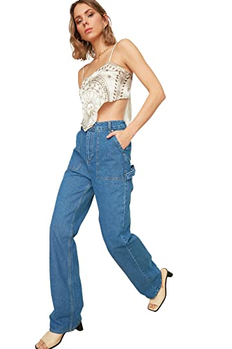 TRENDYOL Damen Mobile Detaillierte Hohe Taille 90er Jahre Breite Beinjeans Jeans, Blau, 34 von TRENDYOL