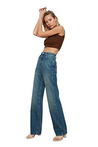 TRENDYOL Damen Dunkelblau Recyceln Sie die Breite Beinjeans der Hohen Taille Hohen Taille 90 Jeans, Dunkelblau, 40 EU von TRENDYOL