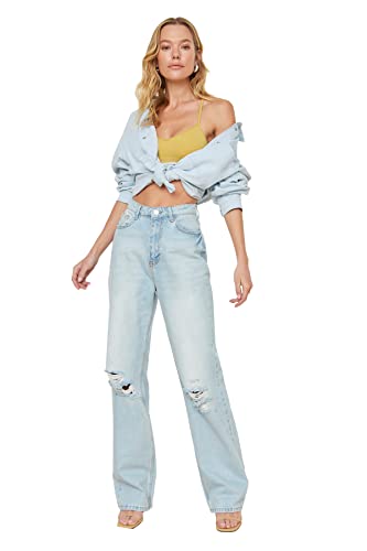 Trendyol Damen Zerrissene Hohe Taille Breite Beinjeans Jeans, Blau, 40 EU von TRENDYOL