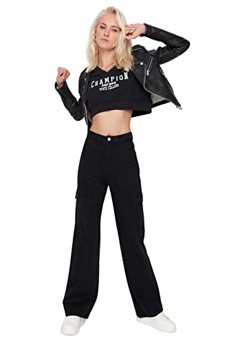 TRENDYOL Damen High Waist Wide Leg With Black Cargo Pockets Jeans, Schwarz, 34 EU von TRENDYOL