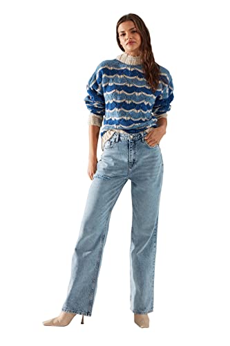 TRENDYOL Damen Trendyol Ripped Detailed High Waist Wide Leg Jeans, Blau, 38 EU von TRENDYOL