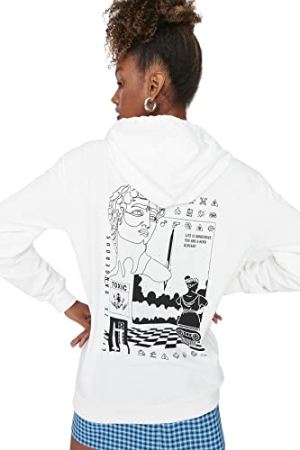 TRENDYOL Damen Kapuze mit Spruch Oversize Sweatshirt, Weiß, L von TRENDYOL