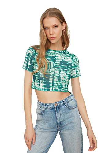 Trendyol Damen Batik Muster Crop Gestrickte Bluse Blouse, Grün, XS EU von TRENDYOL