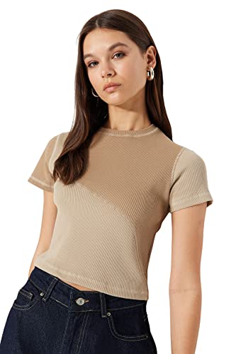 TRENDYOL Damen Bluse Young Fitted Standard Rundhalsausschnitt Gewebt Hemd, Camel, S von TRENDYOL