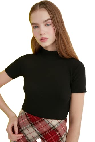 Trendyol Damen Aufrechter Kragen Pasping Crop Gestrickte Bluse Blouse, Schwarz, M EU von TRENDYOL