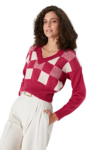Trendyol Damen Pullover mit V-Ausschnitt, kariert, regulärer Schnitt Sweatshirt, rot, 38 von TRENDYOL