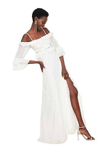 TRENDYOL Damen Trendyol Ecus Sleeve Detailed Band Chiffon Evening Formal Dress, Ecru, 40 EU von TRENDYOL