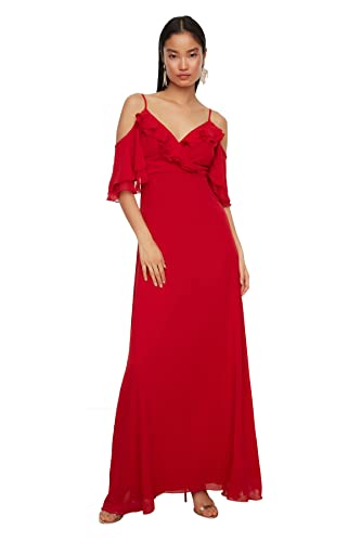 TRENDYOL Damen Schulter Dekolliertes Abendkleid Formal Night Out Dress A-Linie, Rot, 34 von TRENDYOL