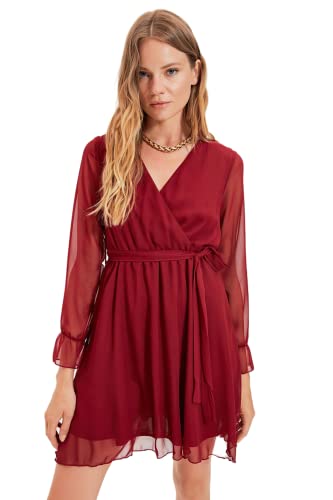 TRENDYOL Damen Midi Ruffle Hem Fitted Dress, Bordeaux, 42 EU von TRENDYOL