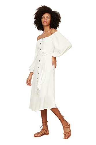 TRENDYOL Damen With a Belt Button Dress, Ecru, 32 EU von TRENDYOL