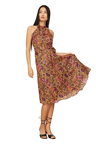 Trendyol Damen Belted Floral Pattern Dumbbell Collar Dress, Orange, 36 EU von TRENDYOL
