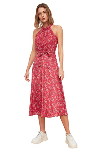 Trendyol Women's Gürtelter Blumenmuster Hantelkragenkleid Dress, Pink, 34 von TRENDYOL