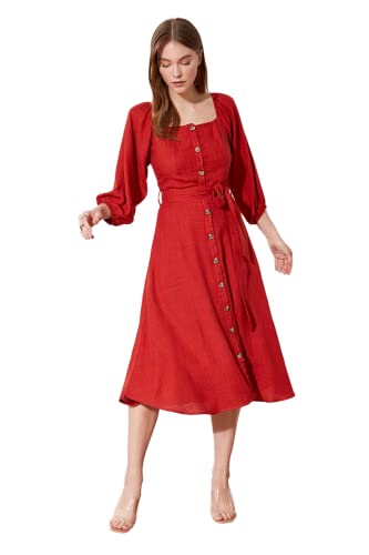 TRENDYOL Damen With a Belt Button Dress, Cinnamon, 36 EU TRENDYOL Damen With a Belt Button Dress, Cinnamon, 36 EU von TRENDYOL