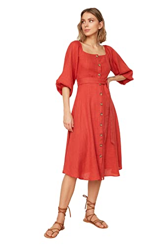 TRENDYOL Damen With a Belt Button Dress, Cinnamon, 38 EU von TRENDYOL