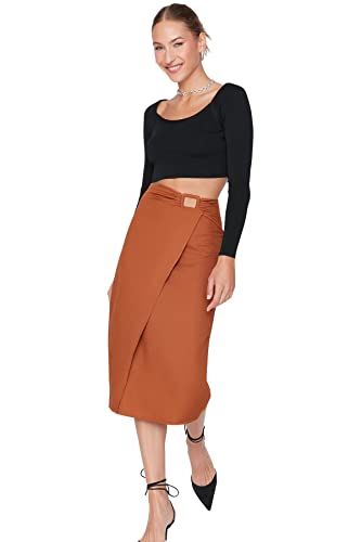 TRENDYOL Damen Midi Bleistiftrock Webstoff Rock Skirt, Brown, 34 von TRENDYOL