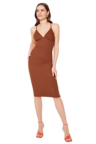 TRENDYOL Damen Trendyol Back Detailed Cocktail Dress, Dark Brown, 36 EU von TRENDYOL