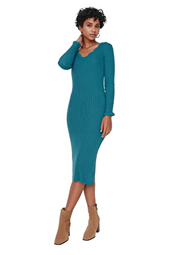 TRENDYOL Damen Trendyol Women's Bodycon V-neck Knitted Dress Kleid, Petrol, M EU von TRENDYOL