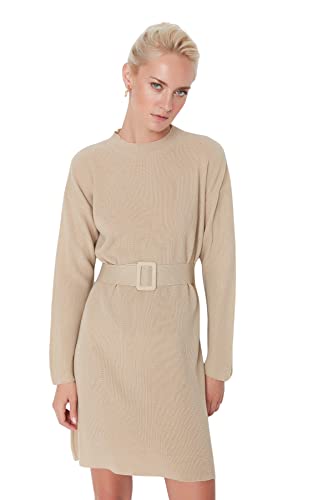 TRENDYOL Damen Woman A-line Standard Crew Neck Knitwear Dress Kleid, Beige, S von TRENDYOL