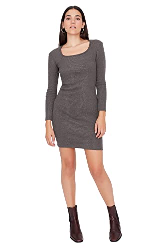 TRENDYOL Damen Figurbetont Bodycon Tiefer Rundhals Gestrickt Kleid, Dunkelbraun, S von TRENDYOL