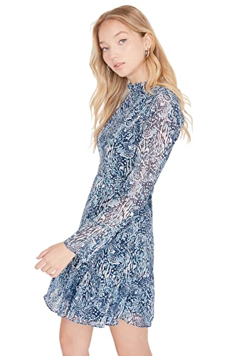 Trendyol Damen Regular Gerüschter Saum Stehkragen Webstoff Kleid, Blau, 42 von TRENDYOL