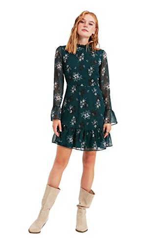 TRENDYOL Damen Blumenmuster Kleid Business Casual Dress, Grün, 38 EU von TRENDYOL