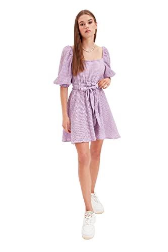 Trendyol Damen Purple Belted Square Collar Casual Dress, Lila, 34 EU von TRENDYOL